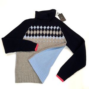 Bogner Denali Wool Blend Fair Isle Navy Blue & Grey Turtleneck Sweater Medium